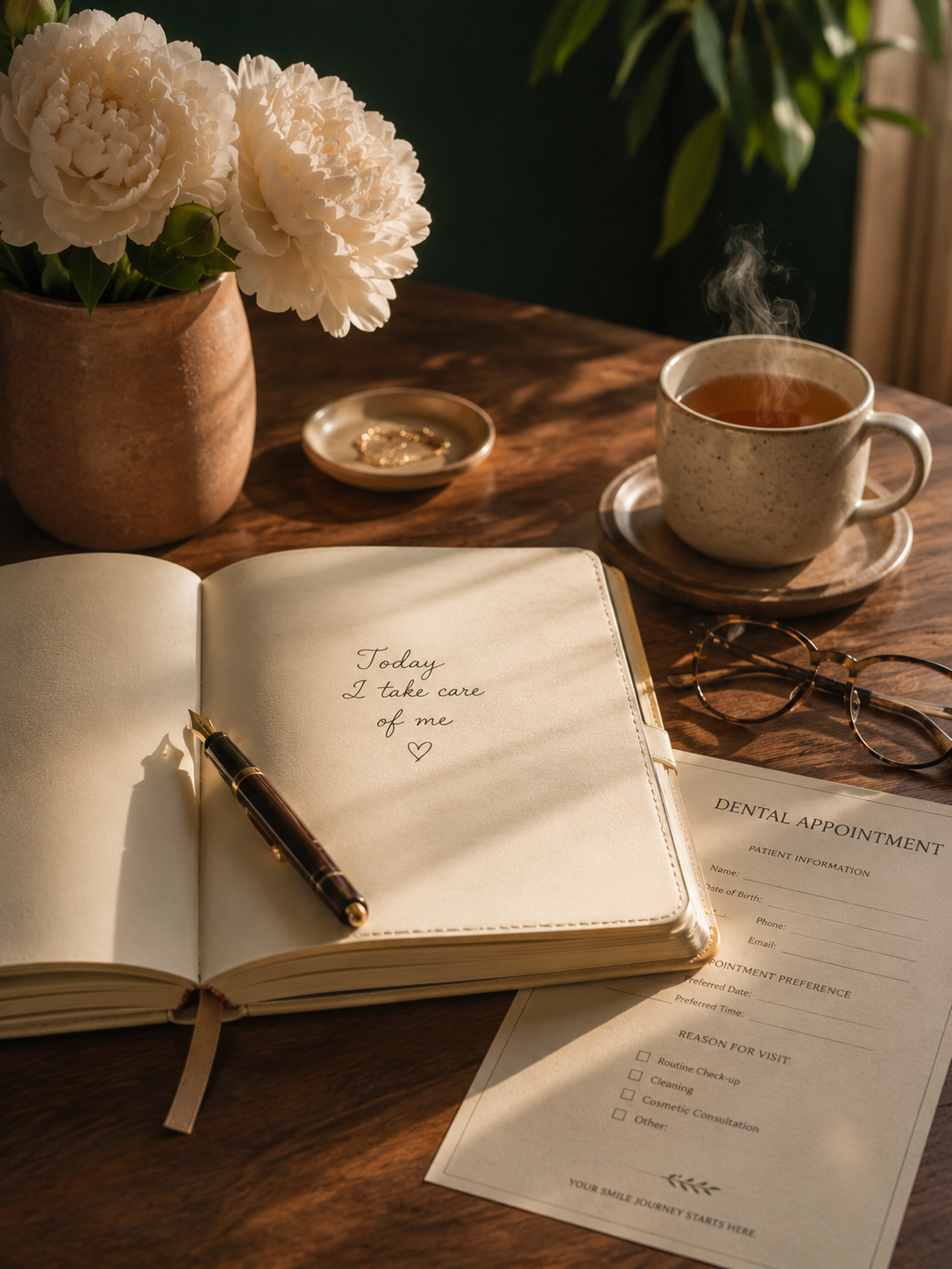Journal reading 'Today I take care of me' — your first step toward a better smile at Radiant Dental Care